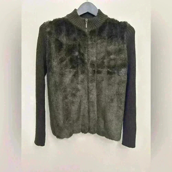 Y2K Kathie Lee Faux Fur Front Ribbed Back Jacket Women's Brown Long Sleeve Size8 - Picture 1 of 5